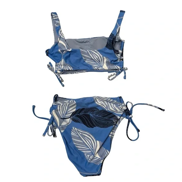 Aerie Blue Leaf Pattern Lace Up Bikini, Top XS, Bottom Sm - Picture 5 of 12